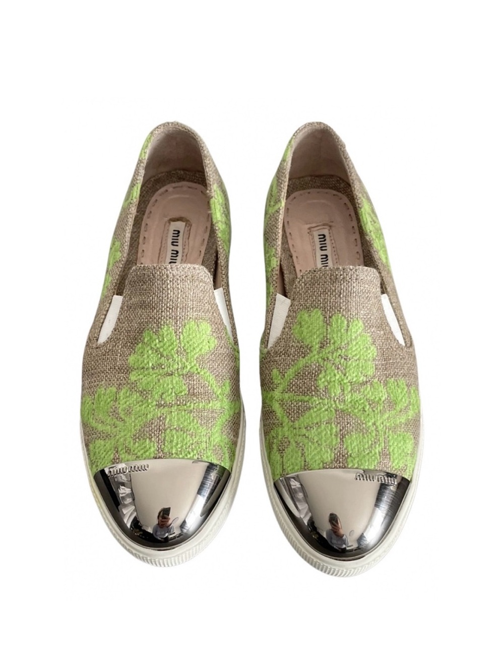 Miu Miu Beige Linen Slip-Ons with Lime Green Floral and Silver Cap Toe